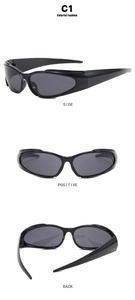 Three-view layout showing front, side and back of black Y2K futuristic wrap-around sunglasses