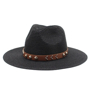 Vintage Western Cowboy Straw Fedora Hat With Rivet Leather Band Wide Brim Sun Protection Foldable Unisex Jazz Hat