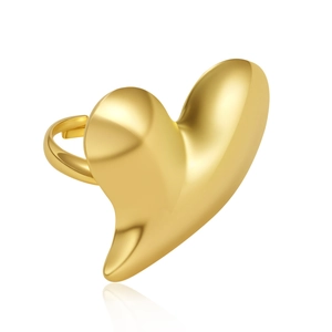 Macro detail of a 18k gold plated stainless steel heart-shaped open ring for women