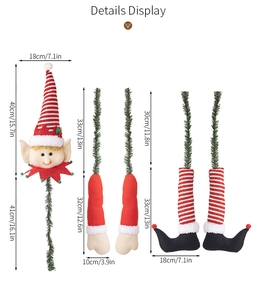 Size details for Christmas elf plush tree topper head and striped legs decorations