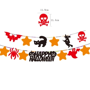 Happy Halloween felt banner set with black cat, bat and skull decorations on white backdrop