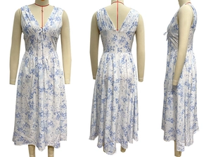 Detailed view of the V-neckline with bow-knot tie on the blue floral white summer dress