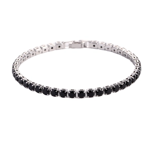 Detail of 4mm black zircon tennis bracelet in silver finish with secure box clasp