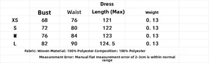 Tableau des tailles pour robe licou en satin et dentelle, mesures du XS au L en centimètres