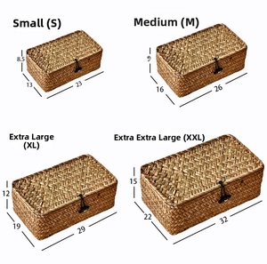 Size guide for rectangular seagrass woven gift boxes in small, medium, large, and extra large