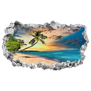 3D beach sunset window view wall decal with ocean landscape and palm trees