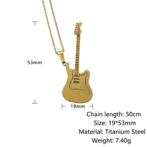 Golden electric guitar pendant necklace in stainless steel with 50cm chain for unisex