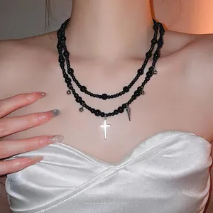 Gothic Double Layered Necklace With Glass Beads And Alloy Cross Cone Pendants Y2K Dark Style Grunge Accessories For Women