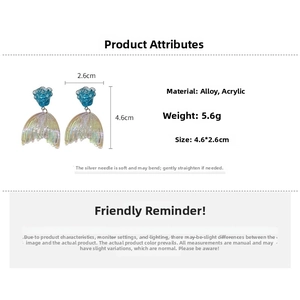 Detail view of acrylic flower fish tail earrings showing 4.6cm size and alloy material