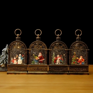 Christmas Snow Globe Lantern Music Box Santa Claus Snowman LED Water Swirling Glitter Retro Bronze Holiday Desktop Decor