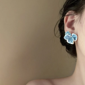 Blue flower stud earrings with gold edges and small crystal center for women