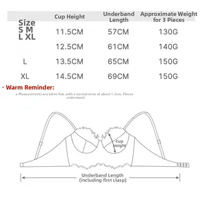 Size chart for lace lingerie showing cup height and band length measurements from S to XL