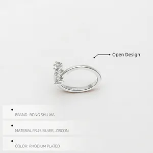 Adjustable S925 sterling silver open ring with sparkling cubic zirconia in rhodium plating