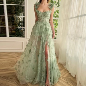 Sage green tulle wedding party dress with 3D floral appliques and high side slit