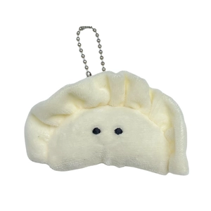 Cute Japanese style plush dumpling doll keychain with white soft fur and silver bead chain