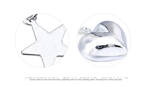 Detail showing polished heart and star silver pendants with care and cleaning instruction