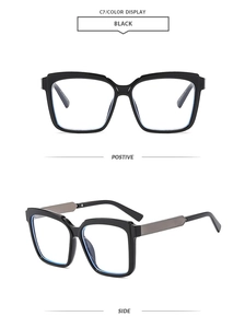 Vista detallada frontal y lateral de gafas de sol cuadradas negras de moda con metal