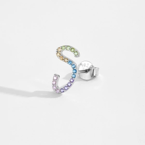Detailed view of S925 sterling silver S-shaped stud earring with colorful zircon stones