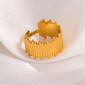 Vertical stripe 18k gold plated stainless steel open ring on white silk background