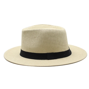 Classic beige straw panama hat with black ribbon band for summer beach sun protection