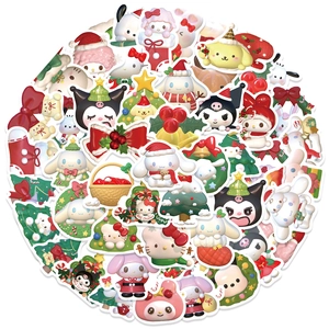 Detailed view of waterproof Christmas cartoon stickers featuring Sanrio characters for decor