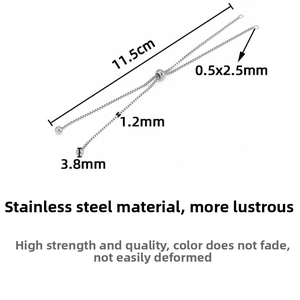 Detail of 11.5cm adjustable stainless steel box chain with slider bead and end beads