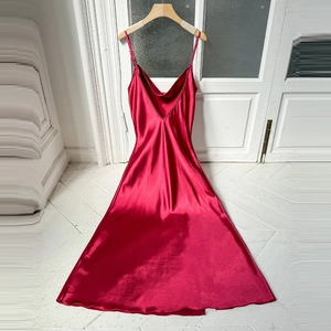 Short wine red satin nightgown with adjustable straps and elegant V-neckline drape