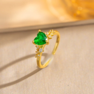 Elegant gold-plated open ring with heart-shaped green stone and white zircon accents