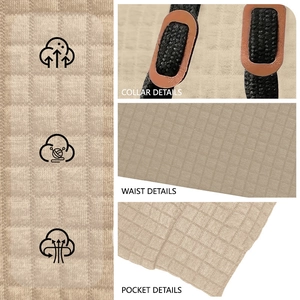 Breathable checkered knit hoodie with detail shots of collar, waist, and pocket features