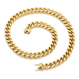 Polished gold stainless steel Cuban link chain necklace with secure box clasp for men