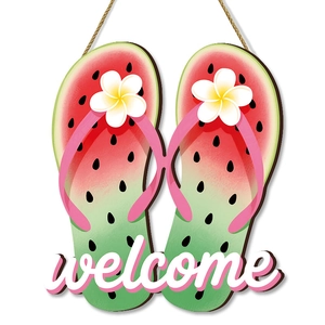 Watermelon-style flip-flop wood welcome sign with plumeria flowers and rope hanger