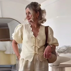 Haut À Manches Bouffantes Et Short Ou Jupe À Bordure Festonnée Femme Rétro Français Nœud À Lacets Col En V