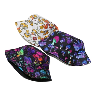 Detailed view of reversible bucket hats with vibrant mushroom prints in multiple colors