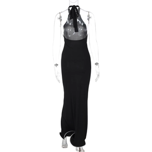 Detail of black backless halter maxi dress with textured knit fabric on invisible mannequin