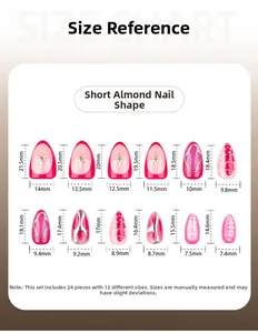 Guide des tailles pour faux ongles amande courte détaillant 12 dimensions différentes