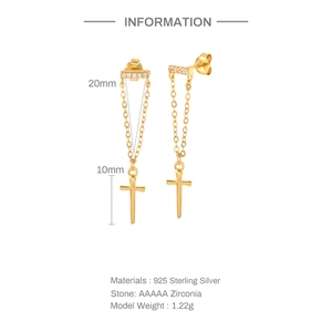 Detail view of 925 sterling silver gold earrings with cross pendant and AAAAA zircon