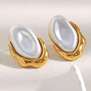 Elegant 18K gold plated stainless steel stud earrings with large white baroque pearls