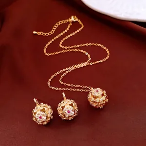 Vintage Gold Plated Copper Jewelry Necklace And Earrings With Silver Earring Post Zircon Hollow Ball Floral For Women