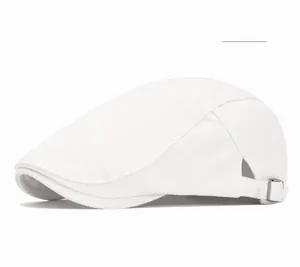 Detail of adjustable metal buckle on white cotton flat cap for custom size fit
