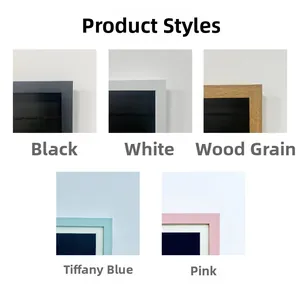 Detail view of corner joints in black, white, wood, mint, and pink kids art frames