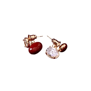 Boucles d'oreilles ovales dorées vintage avec gemmes rouges et zircon pour femme