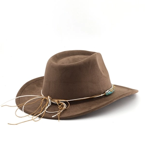 Detail of dark brown faux suede cowboy hat with turquoise beads and braided rope accent