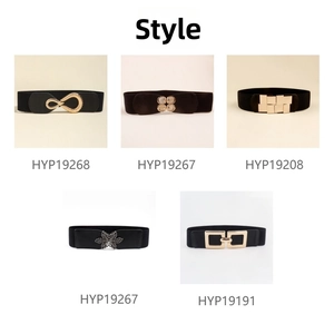 Detailed grid of various elastic waist belts with diverse vintage gold buckle designs