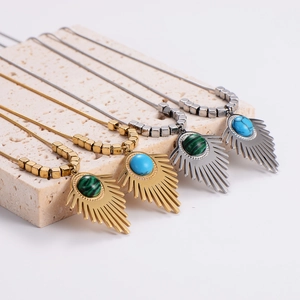Vintage geometric fan pendant necklace with colorful stones on sleek gold snake chains
