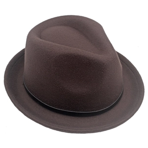 Close-up of deep brown wool fedora hat featuring classic black ribbon band and soft texture
