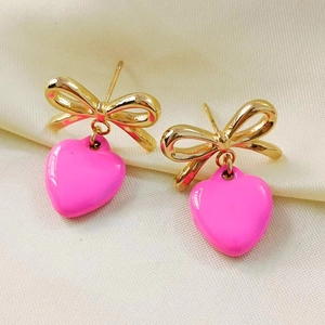 Elegant 18K gold stainless steel bow heart drop earrings in vibrant rose pink