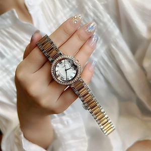 Montre femme élégante en acier bicolore avec lunette strass et cadran romain