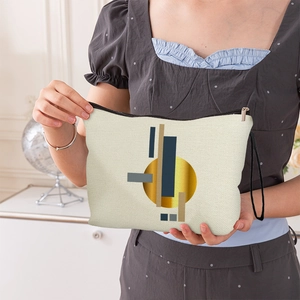 Makeup Bag Geometric Abstract Print Fine Linen Cosmetic Pouch Portable Travel Storage Organizer With Wristlet Alloy Zipper