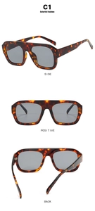 Three-angle view of oversized square leopard print sunglasses with gray lenses