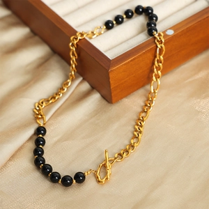 Vintage black onyx bead and gold plated titanium steel necklace with OT toggle clasp